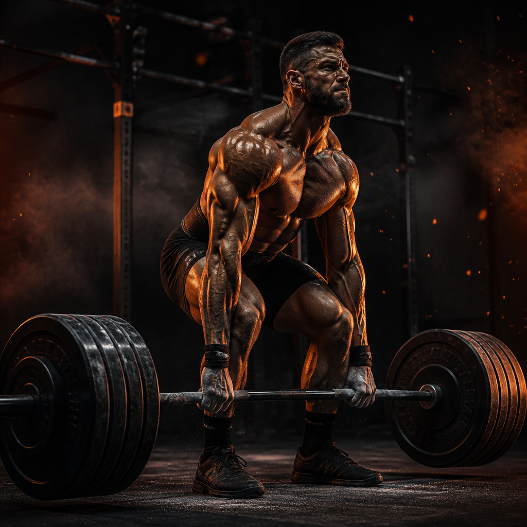 Athlete mid-deadlift with chalk dust in a moody gym