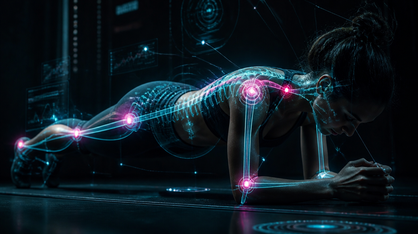 A person holding a plank while a holographic AI overlay traces their spine and joint angles