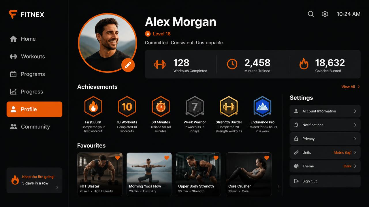 FitScreen profile screen concept with achievements, lifetime stats and favourites
